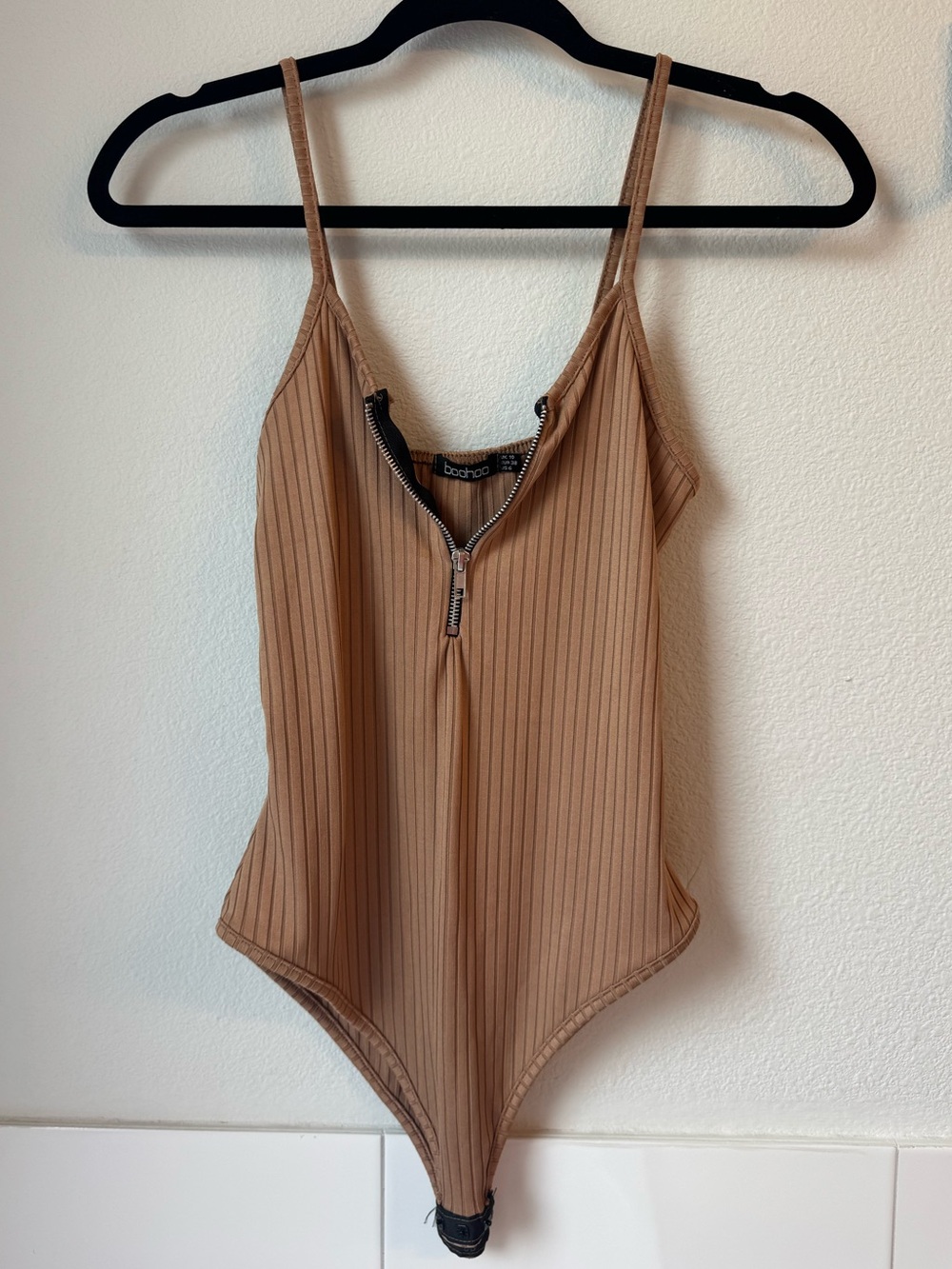 Boohoo Ribbed Zip-Front Bodysuit in Tan